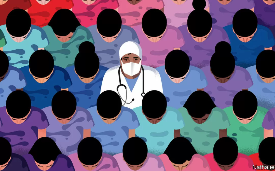 Graphic of one doctor looking up whilst the rest look down